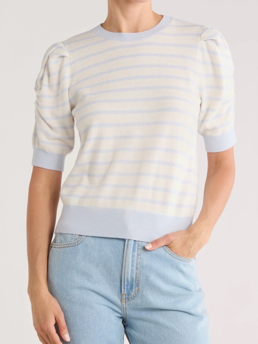 Frame Denim Pastel Blue and Cream Striped Crew Sweater